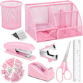 Pink Desk Organizers and Accessories, Pink Office Supplies Include Mesh Desk Organizer, Tape Dispenser, Stapler, 1000 Staples, Staple Remover, Pen Holder, Clips Set, Ruler, Scissors