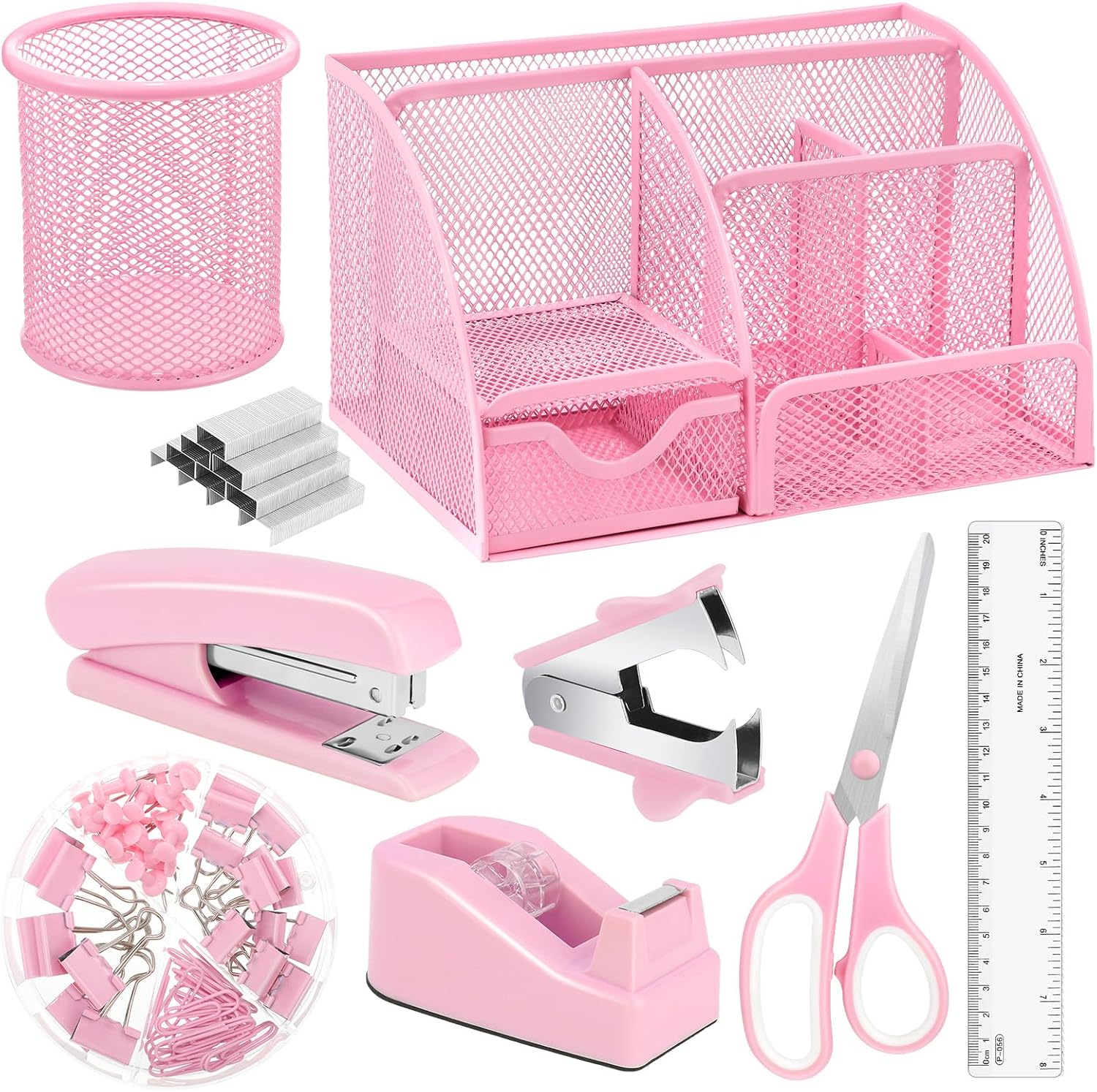 Pink Desk Organizers and Accessories, Pink Office Supplies Include Mesh Desk Organizer, Tape Dispenser, Stapler, 1000 Staples, Staple Remover, Pen Holder, Clips Set, Ruler, Scissors