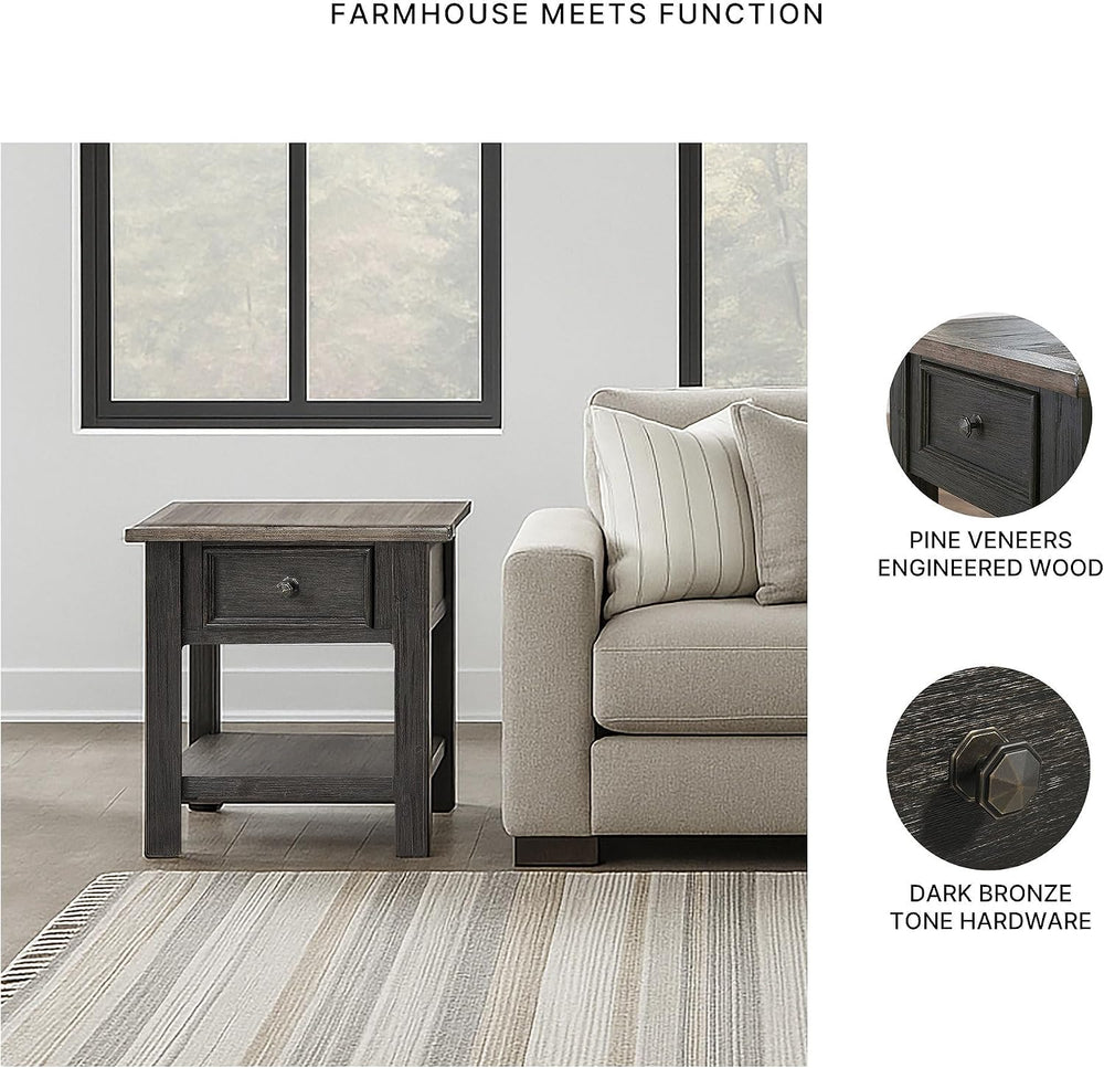 BOWERY HILL Contemporary Wood End Table, Grayish Brown and Black Finish, 1 Dr...
