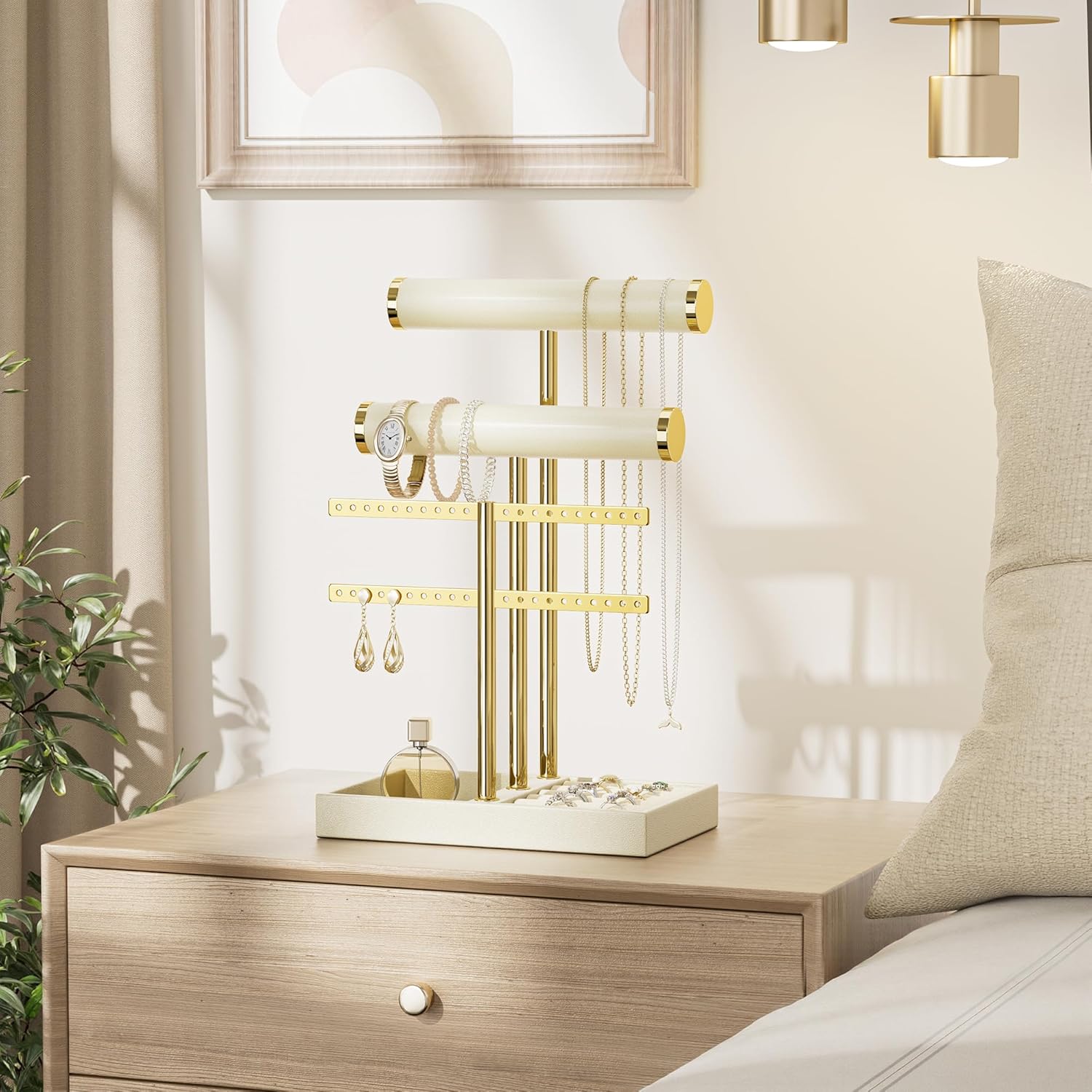 3 Tier Bracelet Holder Display - Beige Leather Bracelet Holder, Detachable T Bar Jewelry Holder Organizer for Bracelet, Necklace, Earrings, Rings, Watches, Bangle
