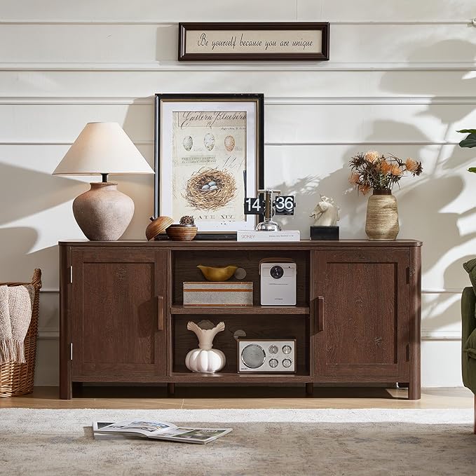 Farmhouse 55" Entertainment Center,Walnut Tv Stand with Adjustable Shelv...