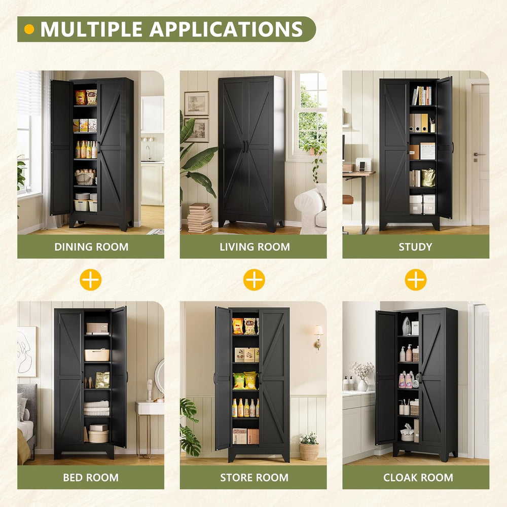 RAVIGIN Farmhouse Storage Cabinet,75" H Metal Pantry Cabinet with Barn D...