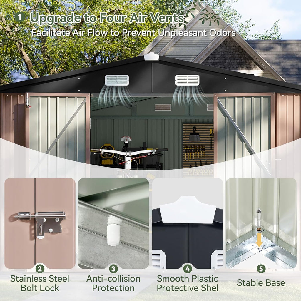 Aoxun 10x10 FT Outdoor Storage Shed Garden Metal Shed with Lockable Door Outdoor Large Shed for Tool, Garbage Can, Bike, Mower, Brown