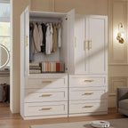 Armoire Wardrobe Closet with Drawers: 75" White Large Wardrobe Closet with Doors, Tall Clothes Cabinets for Bedroom, Wood Clothes Armoire with Hanging Rod