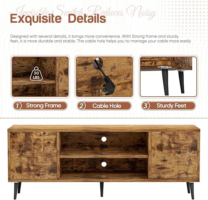 YESHOMY Modern TV Stand for 65" Television, Entertainment Center with Two Storage Cabinets, Retro Style Media Console for Living Room, Bedroom, Office, 58 Inch, Rustic Brown