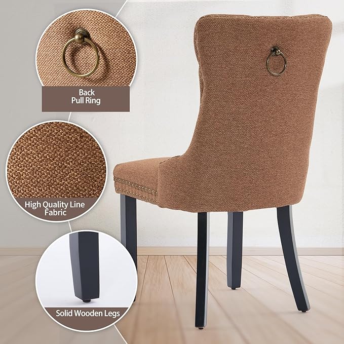 Brown Dining Chairs Set of 6, Upholstered Tufted Linen Fabric Dining Room Chairs with High Back, Nailhead Trim and Black Solid Wood Legs, Modern Dining Chair for Dining Room, Kitchen(Brown)