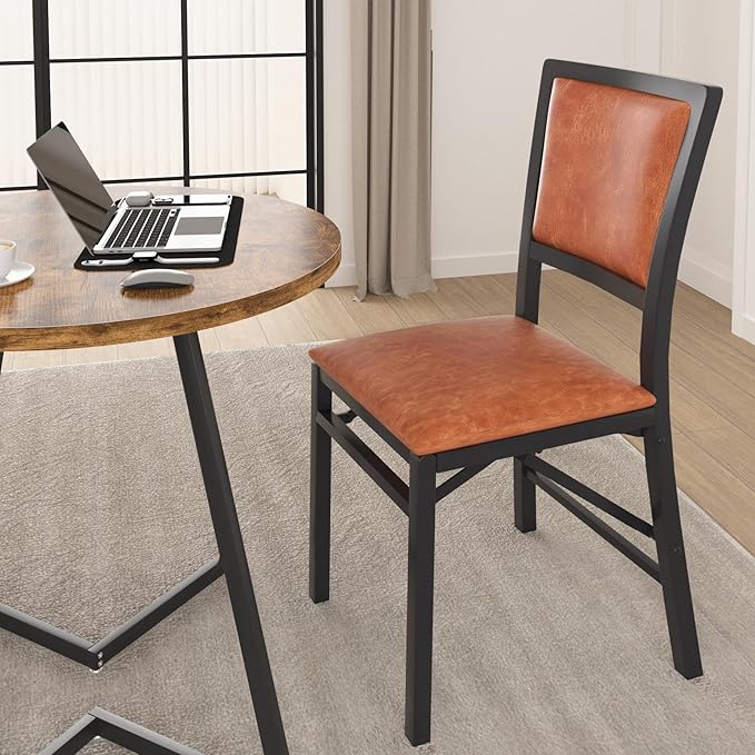 VECELO Folding Chairs Set of 4 with Cushion, Foldable Padded Seats with Heavy Duty Metal Frame for Kitchen/Dining/Living Room, No Assembly & Space Saving Design, Chestnut Brown