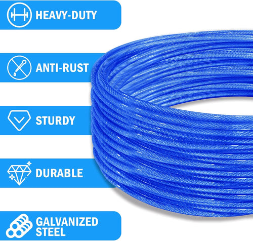 40ft Clothes Line Outdoors 3/16" Wire Ropes Blue PVC Coating Laundry Drying Clothesline with Metal Hooks and Snap Heavy Duty for Umbrella Travel Outside Camping Backyard