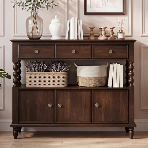 45.3'' Solid Wood Console Table, Retro Sofa Table with 3 Drawers & 2 Cabinet, Long Behind Couch Accent Table Console Table Narrow Entryway Table for Living Room, Foyer, Hallway