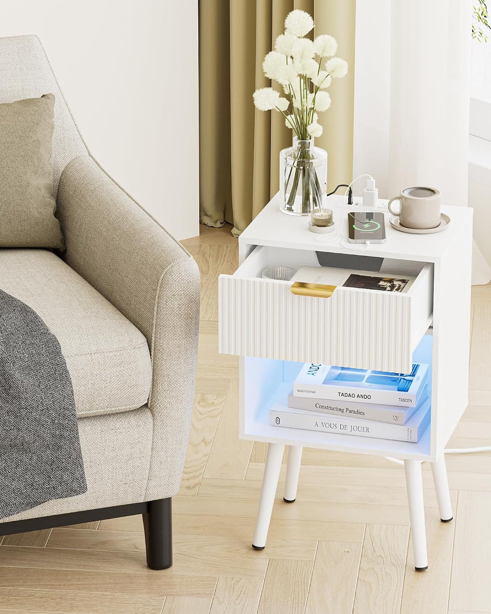 White Fluted Nightstand with Charging Station, Modern Bedside Table with Stor...