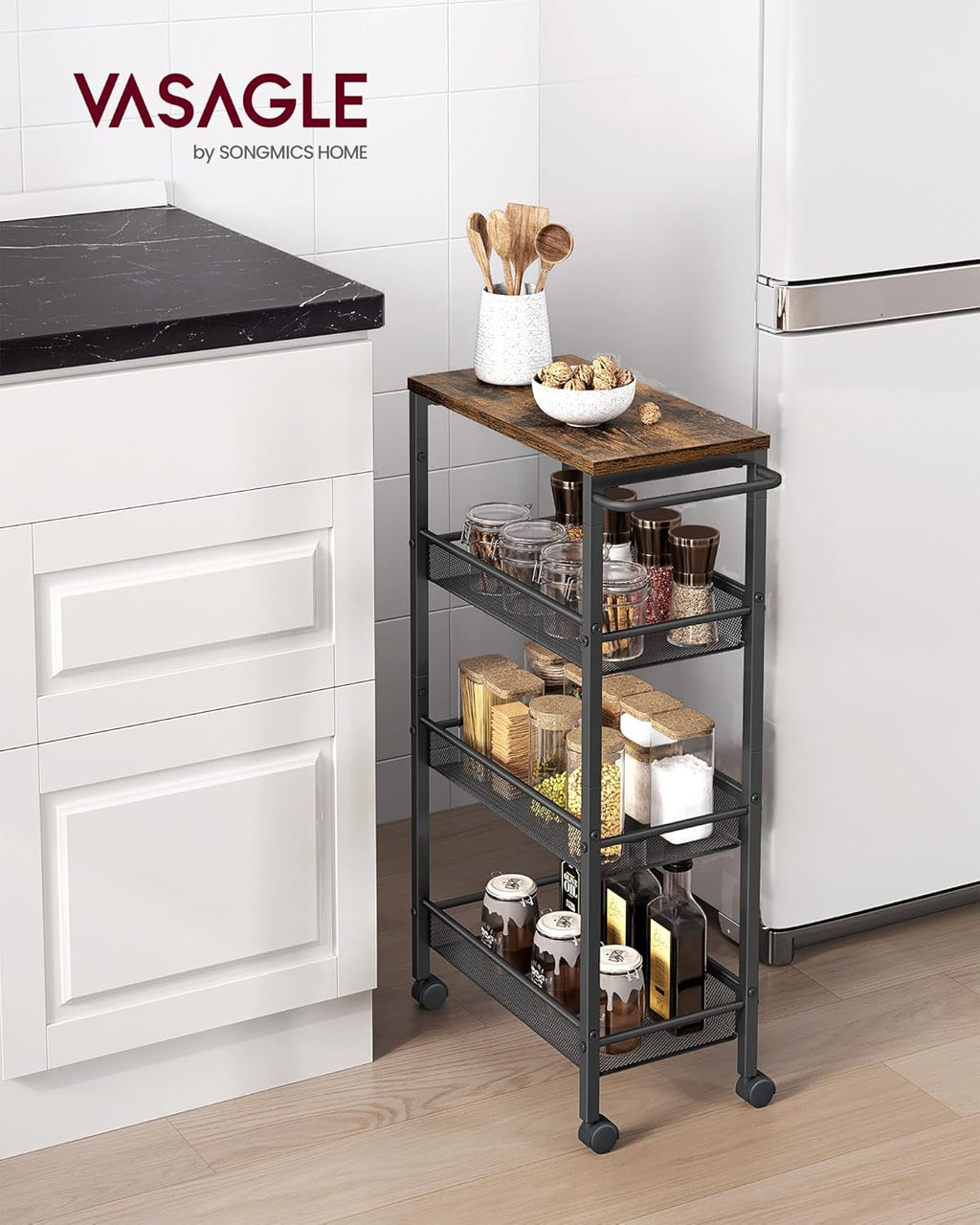 VASAGLE Slim Rolling Cart, 4-Tier Storage Cart, Narrow Cart with Handle, 8.7 Inches Deep, Metal Frame, for Kitchen, Dining Room, Living Room, Home Office, Rustic Brown and Classic Black ULRC033B01