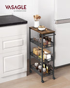 VASAGLE Slim Rolling Cart, 4-Tier Storage Cart, Narrow Cart with Handle, 8.7 Inches Deep, Metal Frame, for Kitchen, Dining Room, Living Room, Home Office, Rustic Brown and Classic Black ULRC033B01