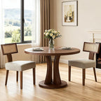Rattan Dining Chairs Set of 2, Mid-Century Modern Dining Chair, Kitchen Dining Room Chairs, Curved Cane Back Upholstered PU Leather Dining Chairs with Wood Frame, Grey