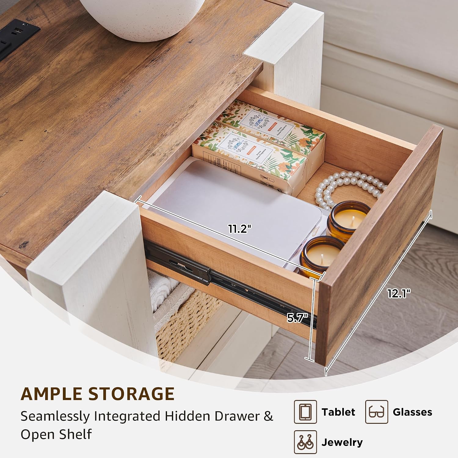 OKD 24" Wide Modern Nightstand, Wood Night Stand with Charging Station & Hidden Drawer, Side Table Bedroom with Storage Shelf, End Table, Antique White