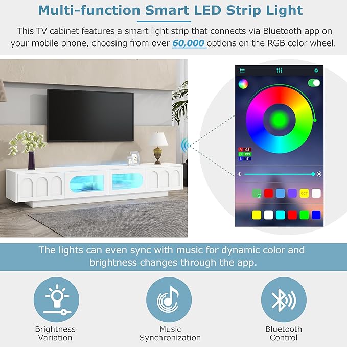 Ball & Cast Modern TV Stand with Fluted Tempered Glass Doors for TVs up to 95'', Entertainment Center w/Led Lights, Cabinets & 2 Drawers,Arched Door Design,Media Console for Living Room,White