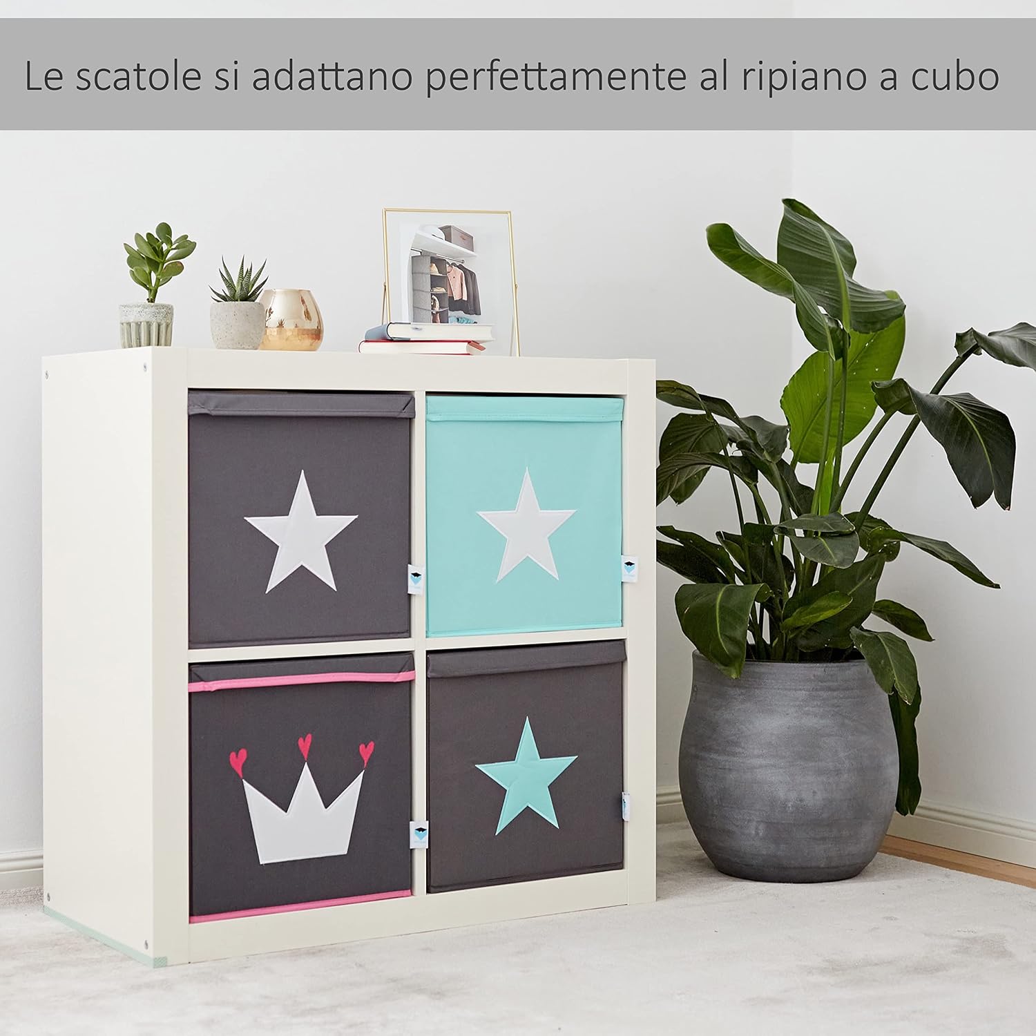 STORE.IT storage box with lid, mint green with white star, medium-density fibreboard reinforced, polyester/MDF, 33 x 33 x 33 cm (672265)