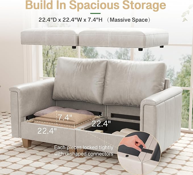 SITJOY 65" Faux Leather Modular Sectional Sofa with Storage, Mid Century Modern Sectional Couches for Living Room, Soft Padded Armrests, 4 Seat Couch Bed, Greige