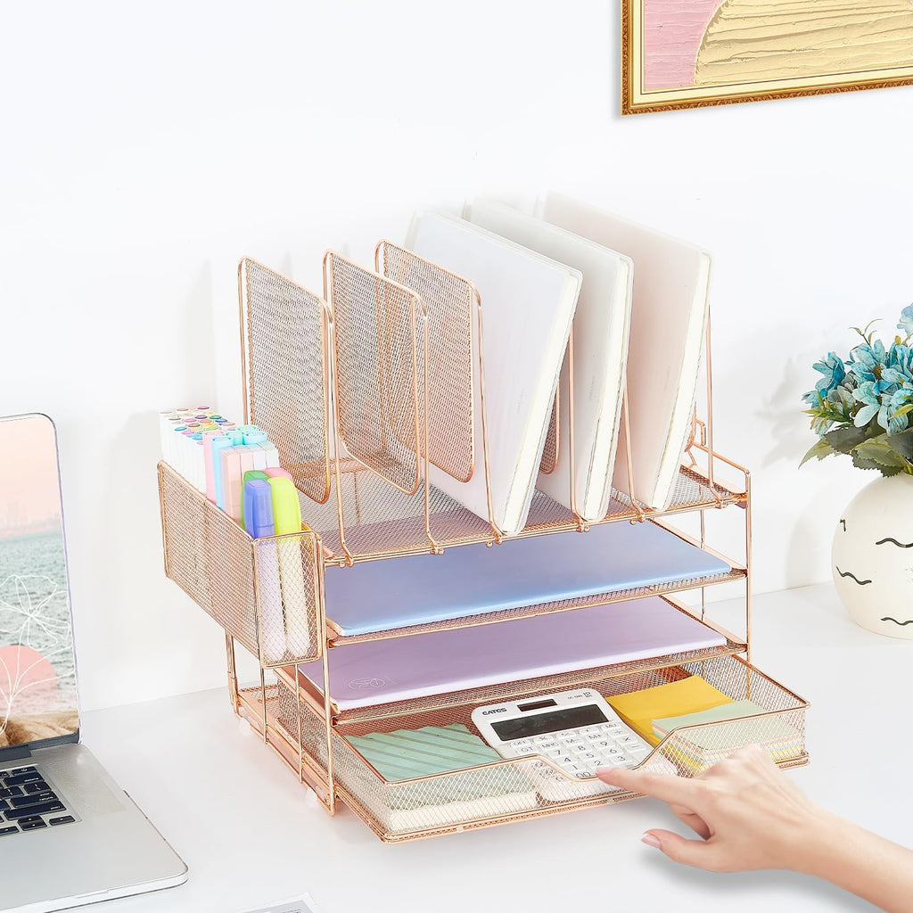 Desk Organizers and Accessories, 3-Tier Paper Organizer with 5 Vertical File Holders, File Organizer for Desk (Rose Gold With Drawer, 3T With Drawer)