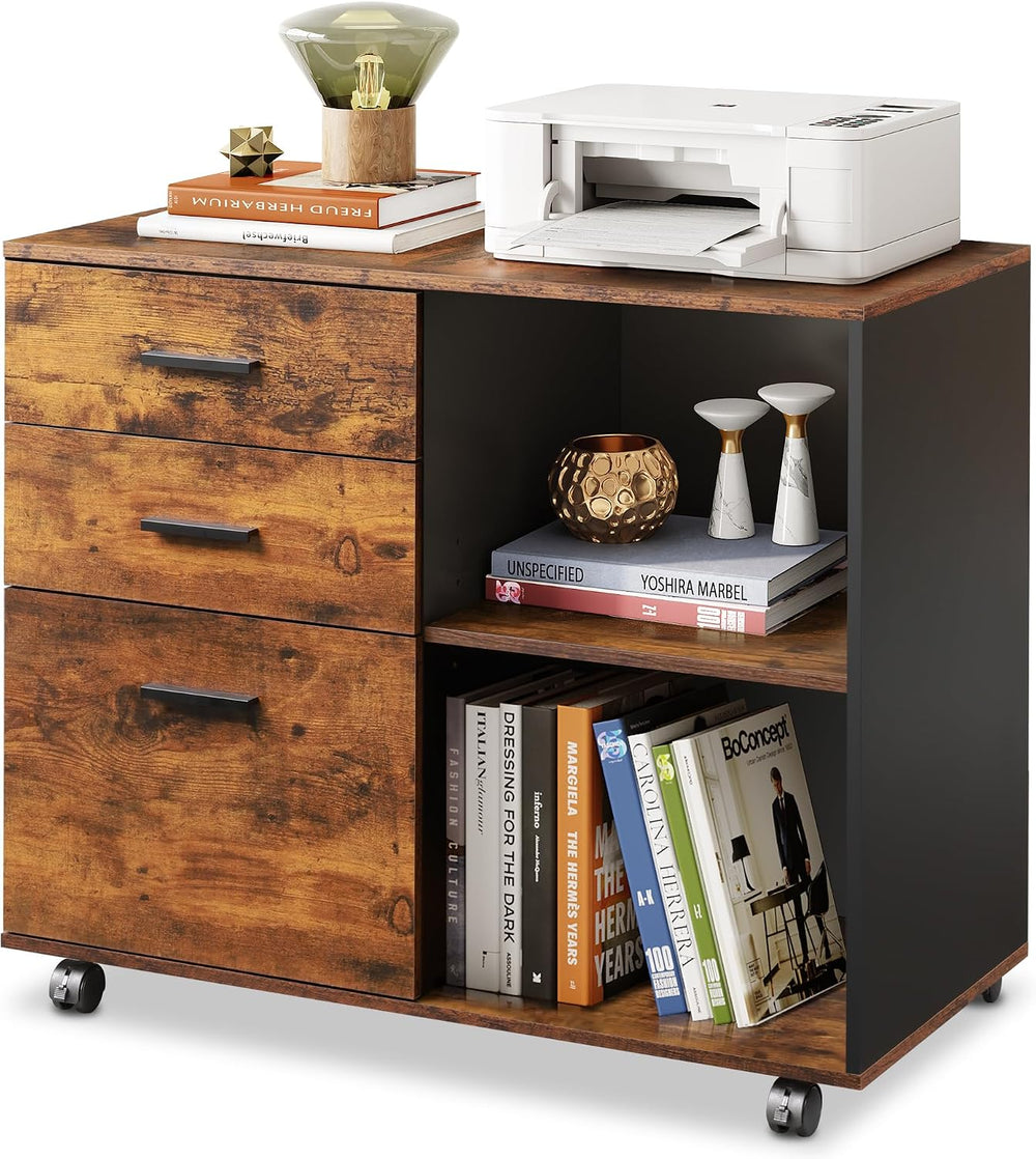 DEVAISE 3 Drawer Wood File Cabinet, Rolling Filing Cabinet with Open Storage ...