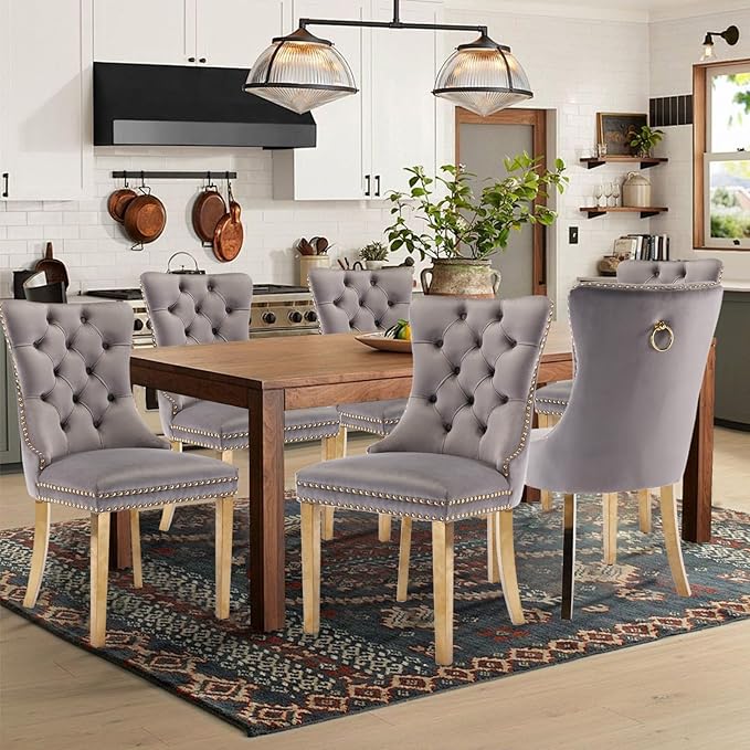 Velvet Upholstered Dining Chairs Set of 6, Modern Style Kitchen Side Chairs with Nailhead Trim and Gold Plated Leg, Metal Pulling Ring for Dining Room Living Room(Gery-Gold Plated Leg)