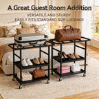 Luggage Rack for Guest Room, 3-Tier Rolling Suitcase Stand with Wheels | Metal Luggage Stand with Storage Shelf, Black Heavy Duty Luggage Holder for Home/Bedroom/Hotel, Easy to Assemble