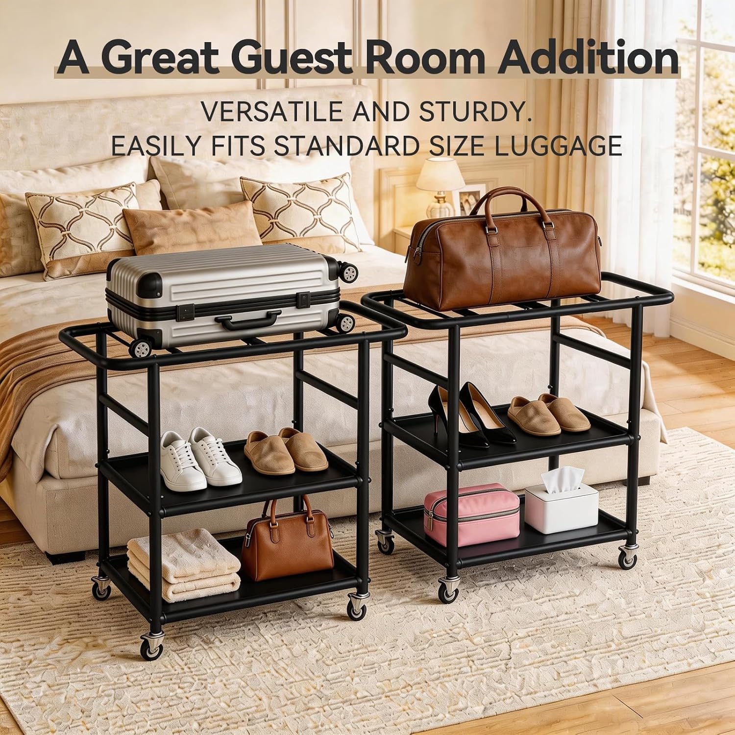 Luggage Rack for Guest Room, 3-Tier Rolling Suitcase Stand with Wheels | Metal Luggage Stand with Storage Shelf, Black Heavy Duty Luggage Holder for Home/Bedroom/Hotel, Easy to Assemble