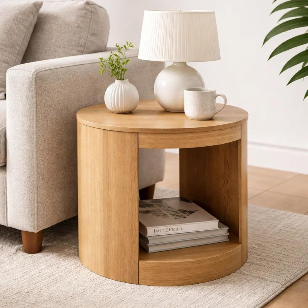 Benzara Sery Side End Table, 22 Inch Round Top with Open Lower Shelf, Oak Brown