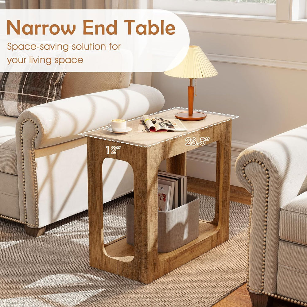 GOFLAME Narrow End Table, Farmhouse Wood Sofa Side Table 2-Tier with Storage ...