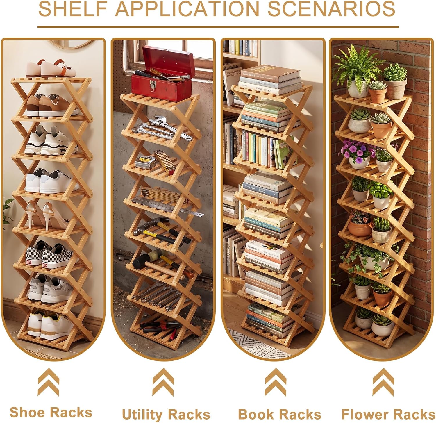 Bamboo Shoe Rack, Portable Folding Storage Rack, No Installation | Eight Layers Of Primary Colors, Free Standing Design, Ideal For Entryway, Closet, Dorm, Small Spaces