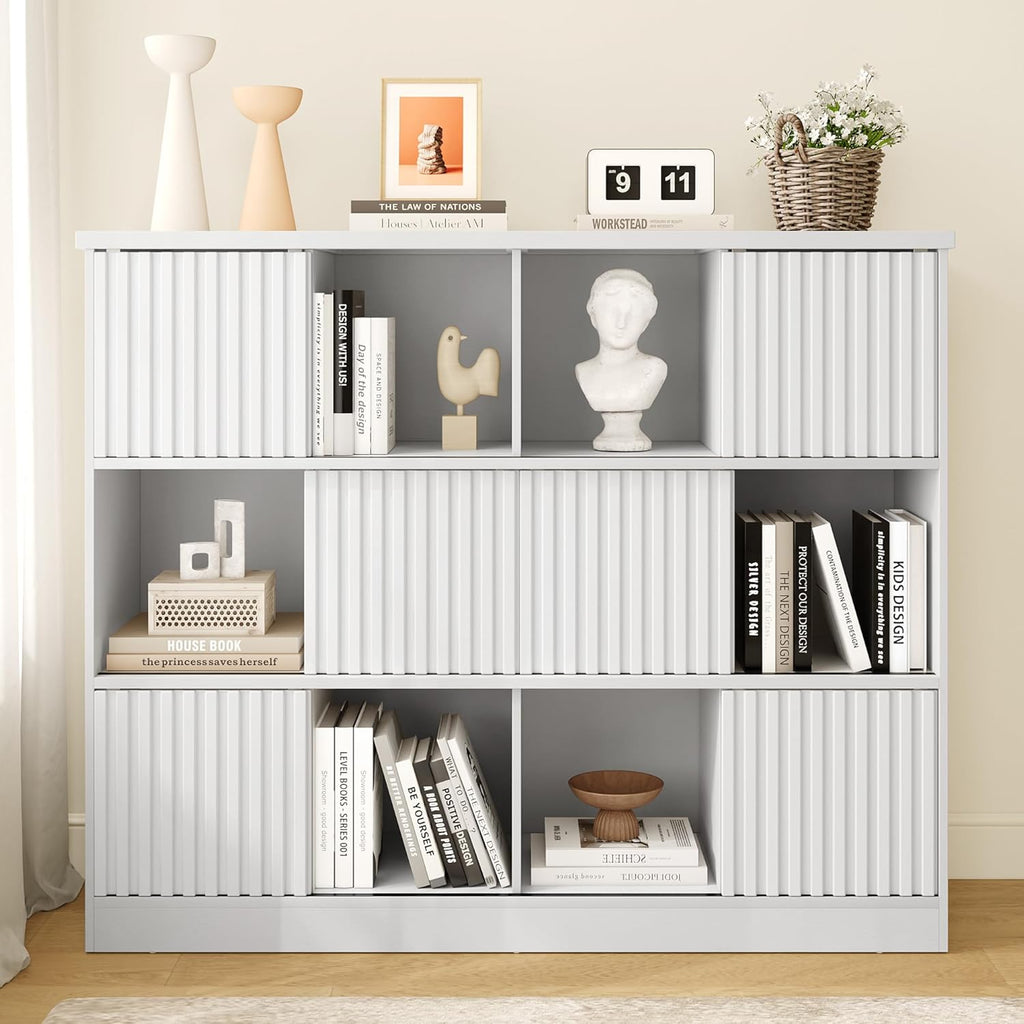 iPormis 12 Cube Bookcase with 6 Fluted Sliding Doors, 3 Tier Wooden Bookshelf, 47.2” Freestanding Cube Storage Organizer for Living Room, Office, Bedroom, Semi-Open Bookshelves, White