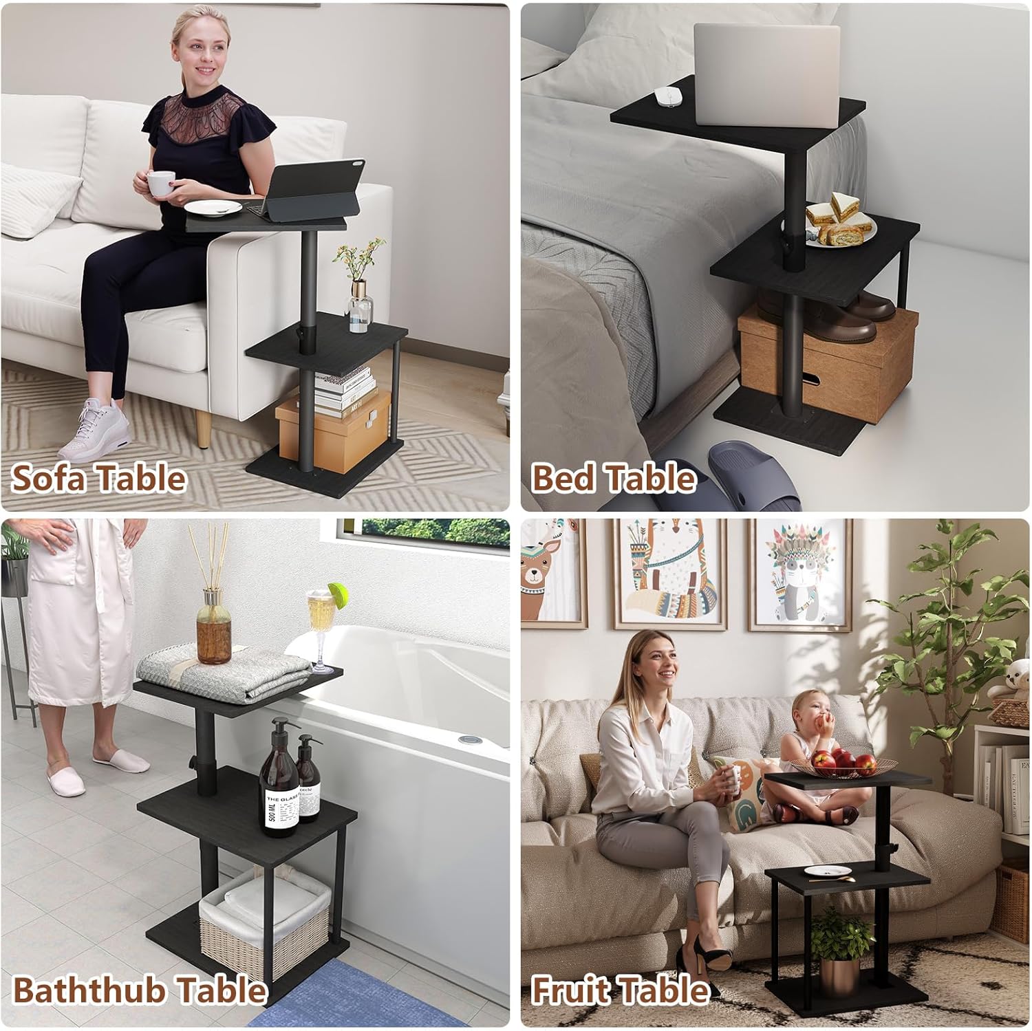 Faesun Swivel Side Table for Couch Arm, Adjustable C End Table for Recliner or Bed, Tv Trays with Storage Shelf for Small Spaces Small Nightstand Table for Living Room, Bedroom