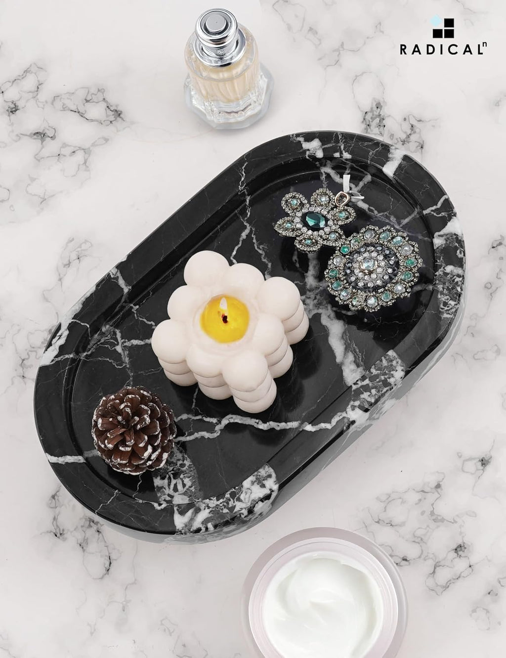 Radicaln Marble Tray with Feet 10" Decorative Bathroom Vanity Tray | decorative tray, Black Handmade Natural Stone, Marble Oval Tray, Pedestal Tray, Elegant Home Decor