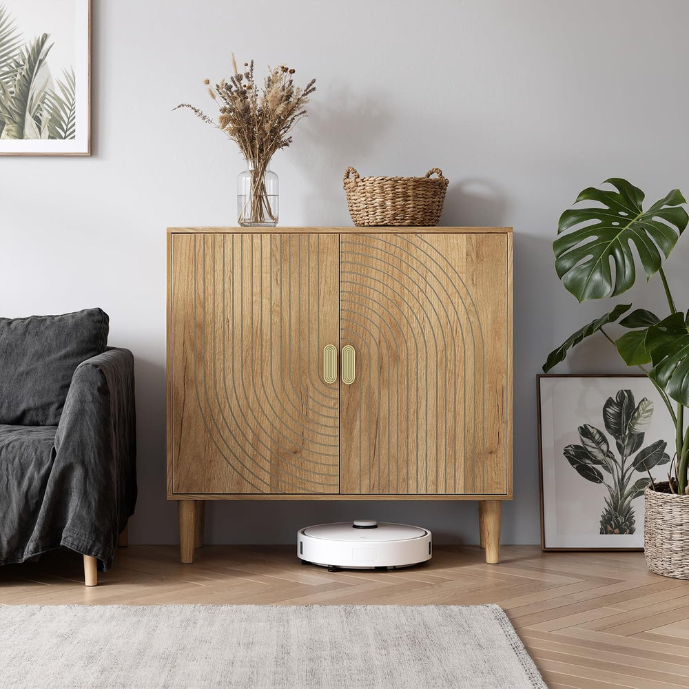 Smuxee Oak Sideboard Cabinet, Freestanding Buffet Cabinet with Line Groove De...