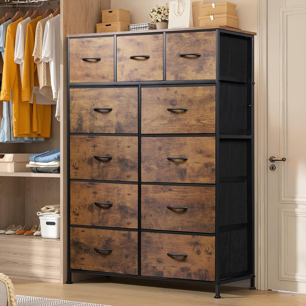 Tall Console Table with 11 Fabric Drawers, Rustic Brown | 11 Fabric Drawers, ...