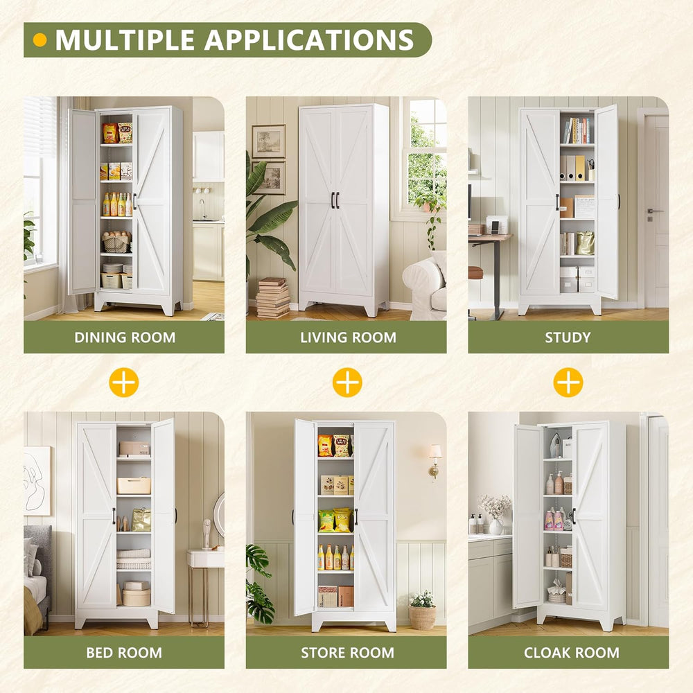 RAVIGIN Farmhouse Storage Cabinet,75" H Metal Pantry Cabinet with Barn D...