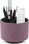 Round Leather Art Supply Organizer,Remote Control Holder,360 Degree Spinning,Multi-Functional Pencil Holder,4 Compartments Desktop Stationary Organizer(1-Wood Brown)