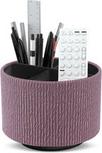Round Leather Art Supply Organizer,Remote Control Holder,360 Degree Spinning,Multi-Functional Pencil Holder,4 Compartments Desktop Stationary Organizer(1-Wood Brown)