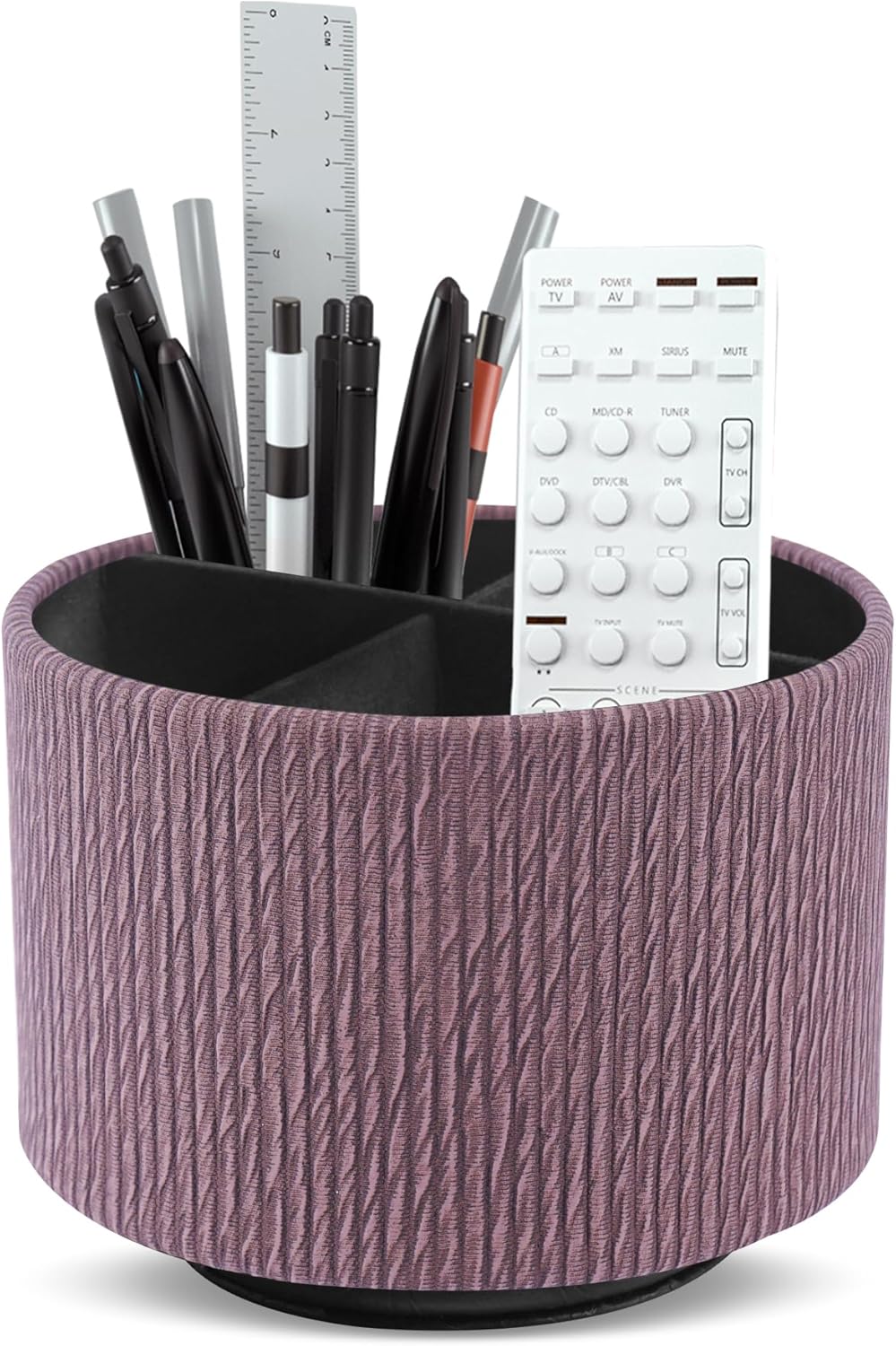 Round Leather Art Supply Organizer,Remote Control Holder,360 Degree Spinning,Multi-Functional Pencil Holder,4 Compartments Desktop Stationary Organizer(1-Wood Brown)