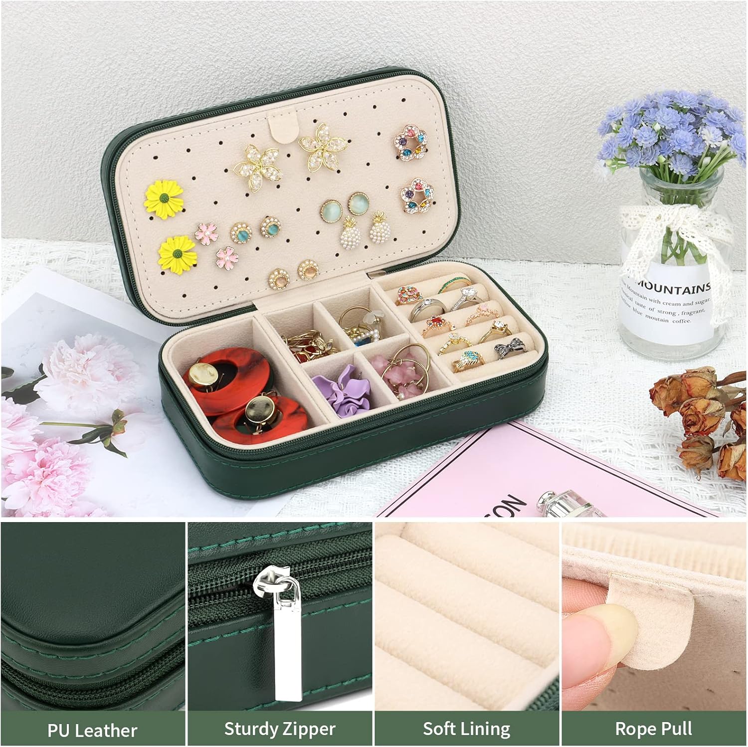 DesignSter Travel Jewelry Box, PU Leather Portable Jewelry Case, Small Jewelry Boxes for Gifts, Travel Jewelry Organizer for Women Rings Earrings Necklaces Bracelets (Dark Green)