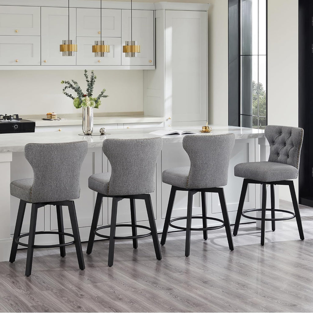 Counter Height Barstools 26 inch Upholstered Button Tufted Swivel Bar Stools with Back and Wood Legs for Kitchen Island,Set of 2,Grey-Nailhead Trim