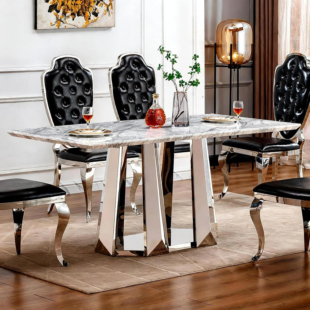 70" Rectangle Faux Marble Luxury Grey Dining Table for 6-8 People, Moder...