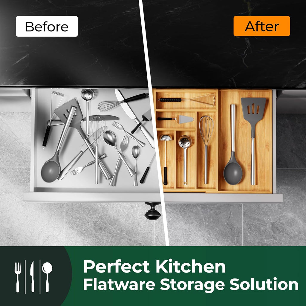Large Silverware Organizer, 13 Slots Magnetic Connected Expandable Bamboo Utensil Drawer Organizer From 21 to 37.4 Inches, Adjustable Flatware and Cutlery Holder, Utensil Tray for Kitchen Natural