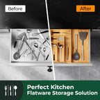 Large Silverware Organizer, 13 Slots Magnetic Connected Expandable Bamboo Utensil Drawer Organizer From 21 to 37.4 Inches, Adjustable Flatware and Cutlery Holder, Utensil Tray for Kitchen Natural