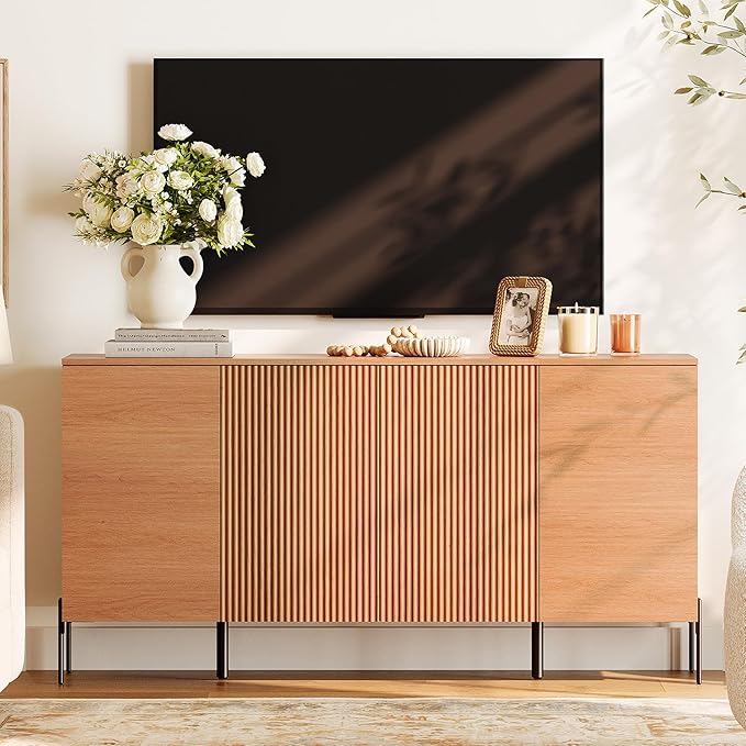 WAMPAT 61.6" TV Stand Cabinets for TVs up to 70 Inches, Entertainment Center with Storage Cabinets and 4 Doors, Mid Century Modern Media TV Console Table for Living Room Bedroom,Mocha