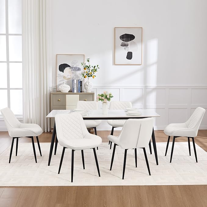Dining Chair Set of 6, Modern Dining Chairs with Thick Cushions, Faux Leather Upholstered Kitchen Dining Room Chairs with Metal Adjustable Legs for Dining Living Room, White