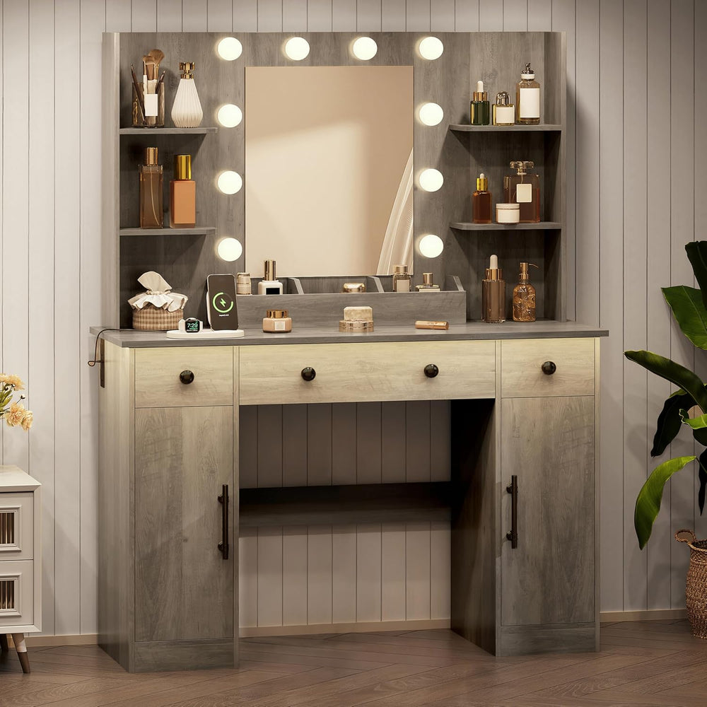 HUANLEGO Vanity Desk with Mirror and Lights, Makeup Vanity with Mirror and LE...