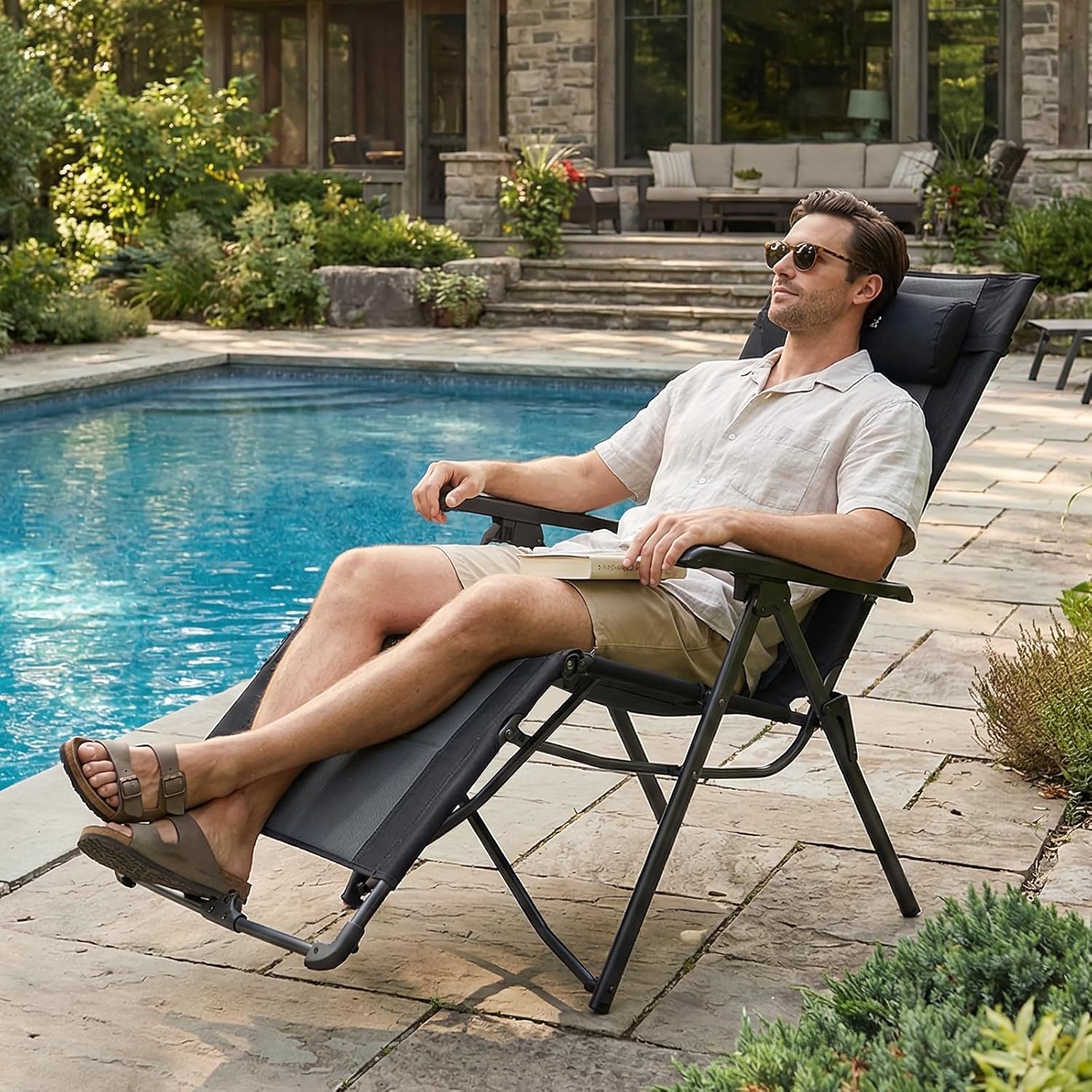 Portal Portable Zero Gravity Chair, Lounge Chair Outdoor Oversized Zero Gravity Chair Folding Lounge Chair with Adjustable Pillows and Cup Holder for Poolside and Lawn, Support 350lbs, Black, 1Pack
