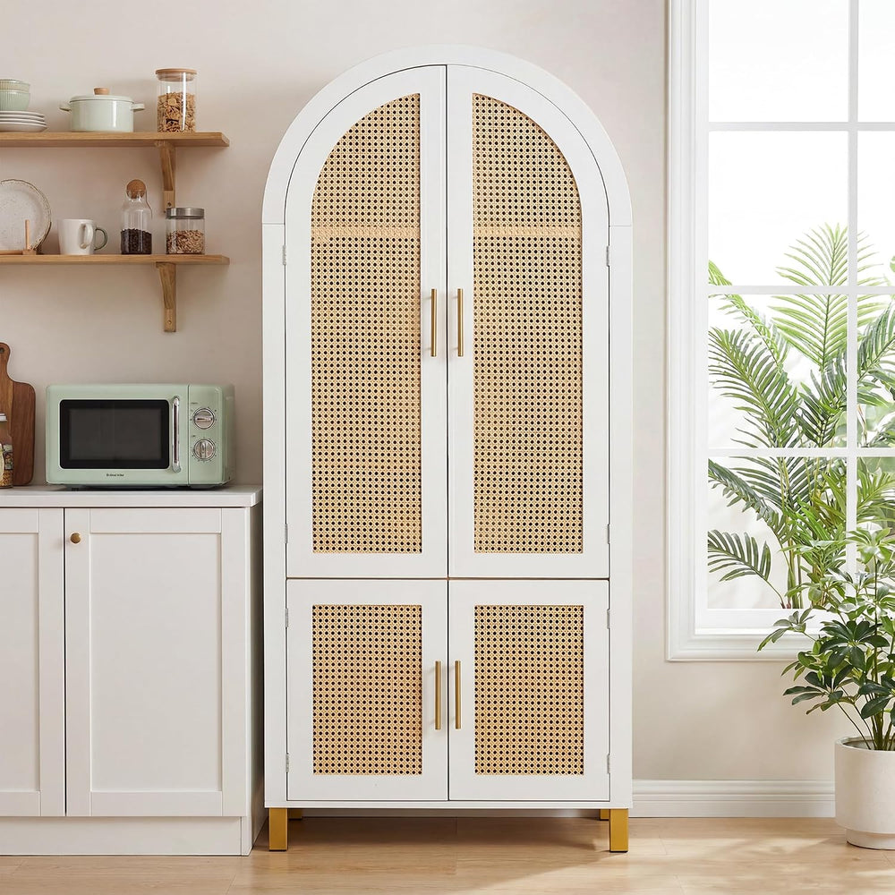 Polibi 71" Tall 4-Door Arched Cabinet, MDF Rattan Door Storage with Adju...