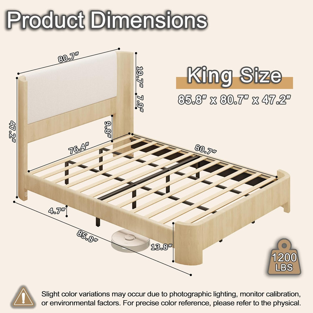 King Size Upholstered Platform Bed Frame with Wingback Headboard, Motion-Sens...