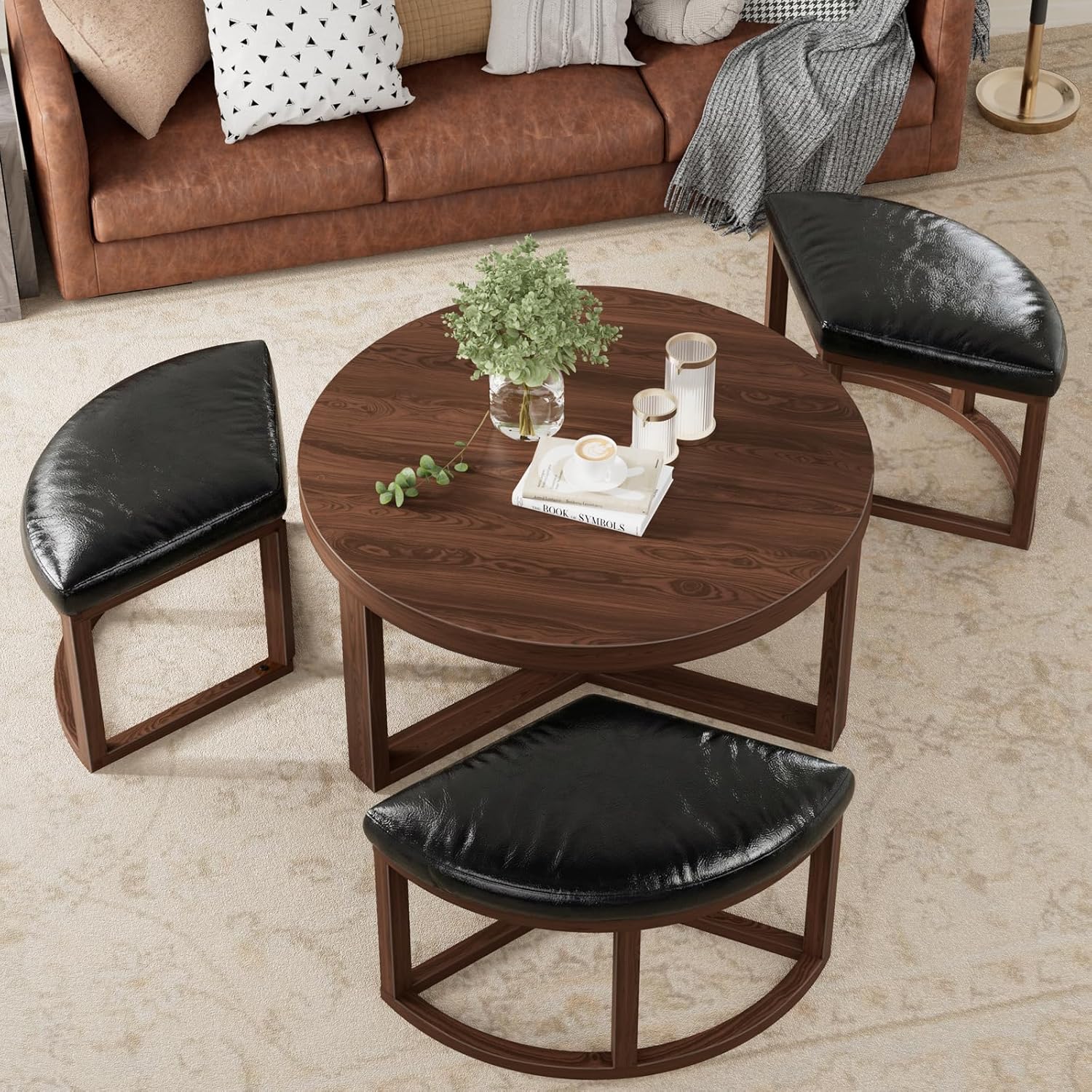 30 Inch Round Coffee Table with Stools - Small Modern Tables Set with 3 Chairs Ottomans Seating Seats Walnut Wood